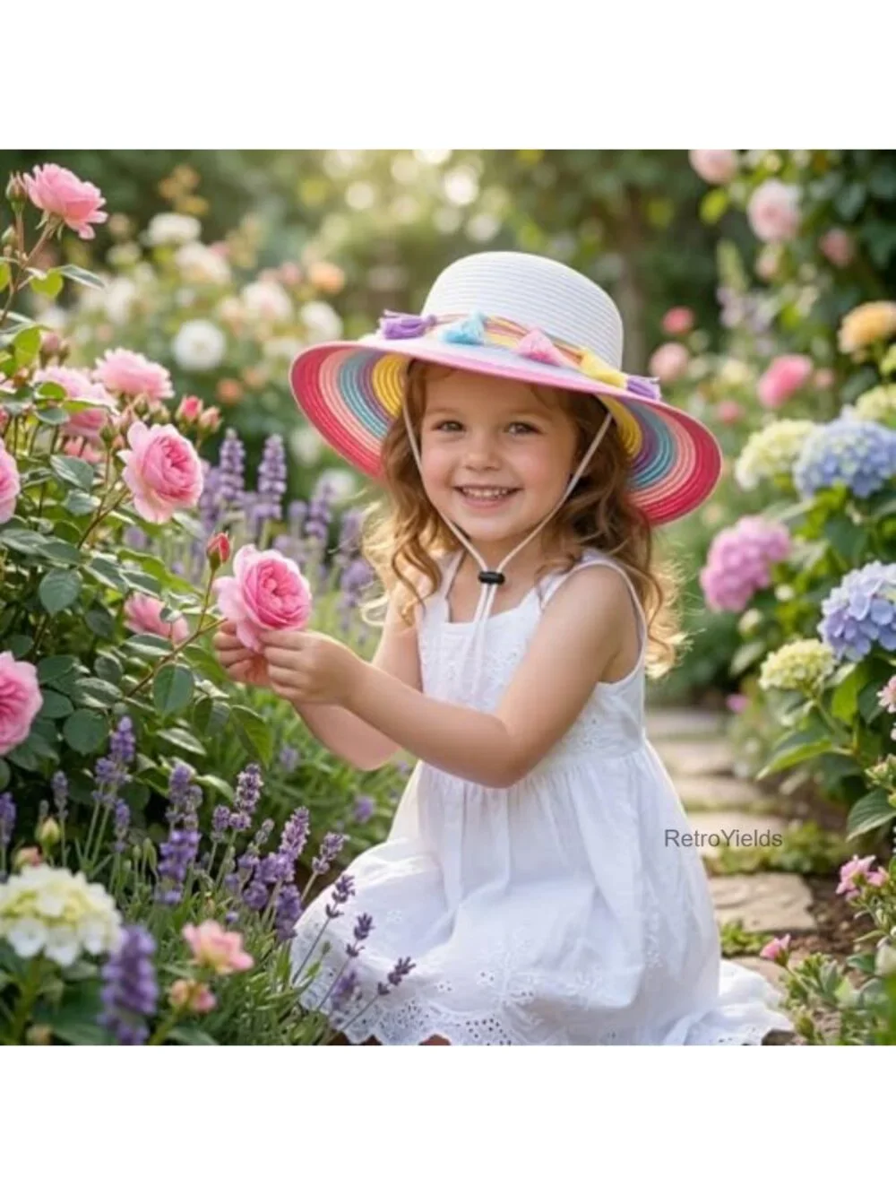 Girls Sun Straw Hat UPF 50+ Wide Brim with Tassels